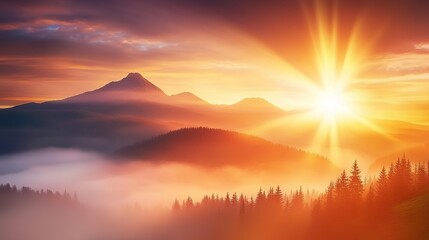Fototapeta premium Sunrise in the Tropical Foggy Forest and Mountain: Fresh Nature Landscape with Serene Beauty