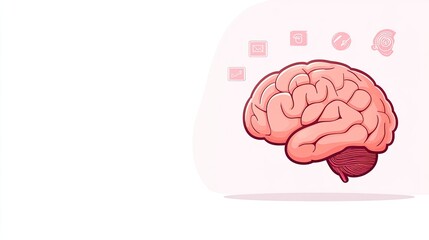 Illustrative brain graphic showcasing cognitive functions with icons symbolizing thoughts and ideas