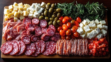 A vibrant charcuterie board featuring assorted cheeses, meats, olives, and fresh vegetables