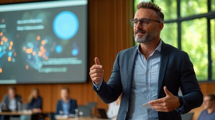 Fototapeta premium Middle Aged Man Giving Energetic Presentation In Modern Conference Room