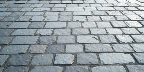 A textured perspective of a stone paved pathway, showing the rectangular blocks and the sand filling the spaces between them.