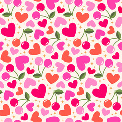 Cute cherry and heart seamless pattern design for Valentine's day background.