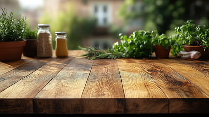 A rustic wooden table displays fresh potted herbs and spices, creating a culinary garden scene.