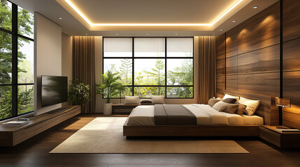 Fototapeta premium Experience serenity in this modern bedroom with stunning nature views through its expansive windows.