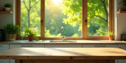 Sunlit Kitchen Countertop with Window View of Lush Greenery