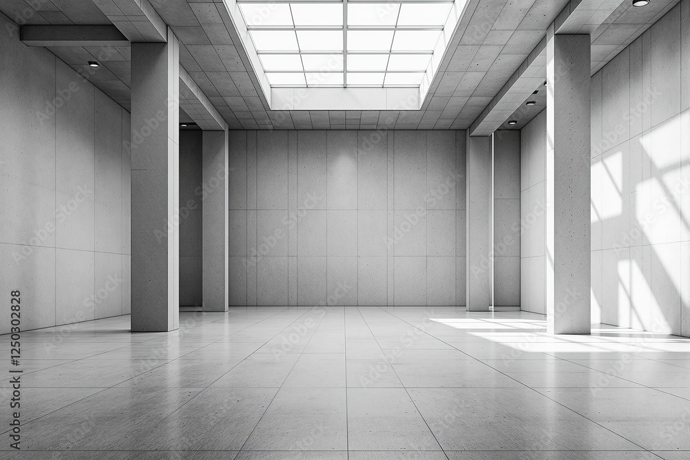 Poster spacious empty concrete room with tall columns and large skylight, creating a bright, open interior.