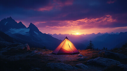 A glowing tent nestled in the mountains at twilight creates a peaceful camping scene.
