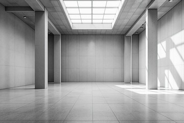 Fototapeta premium Spacious empty concrete room with tall columns and large skylight, creating a bright, open interior. Minimalistic architectural concept. Ai generative