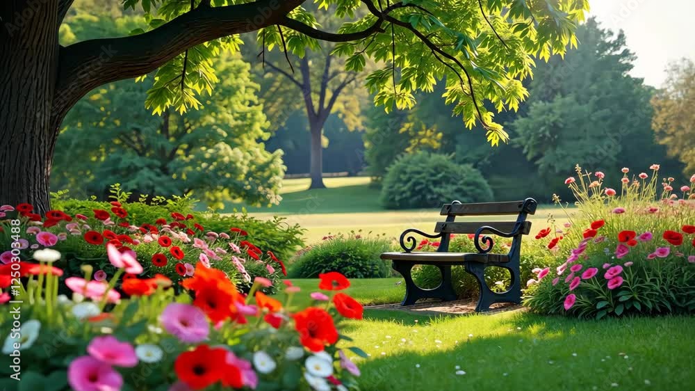 Poster a bench is in a park with a tree behind it. the bench is black and there are flowers in the backgrou