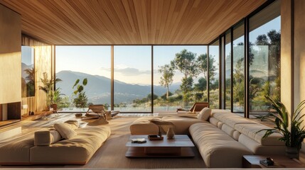 Fototapeta premium Modern living room with large windows showcasing a scenic landscape.