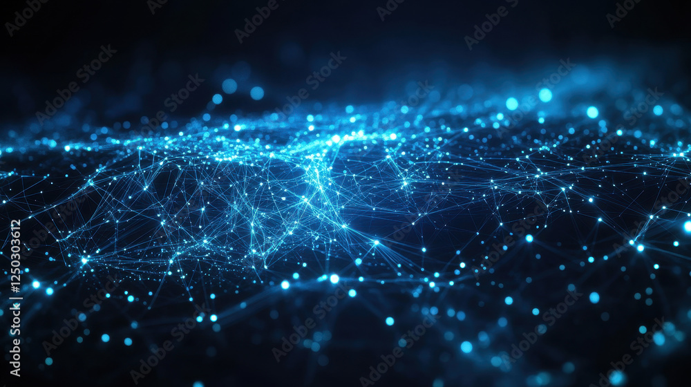 Poster Abstract blue background with glowing connections and data points forming intricate patterns on a dark backdrop