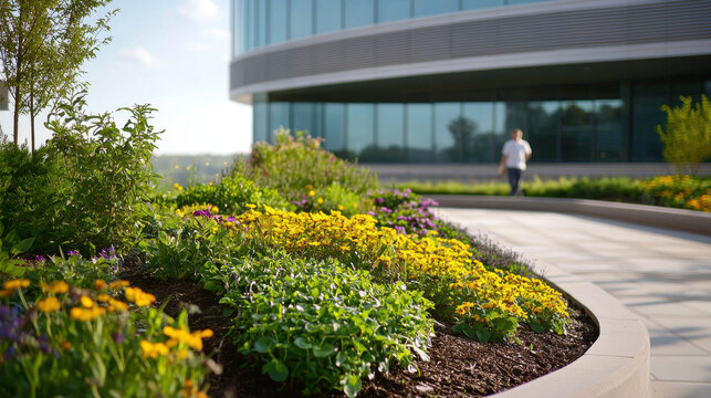 vibrant urban rooftop garden filled with colorful flowers and greenery, showcasing climate resilient design