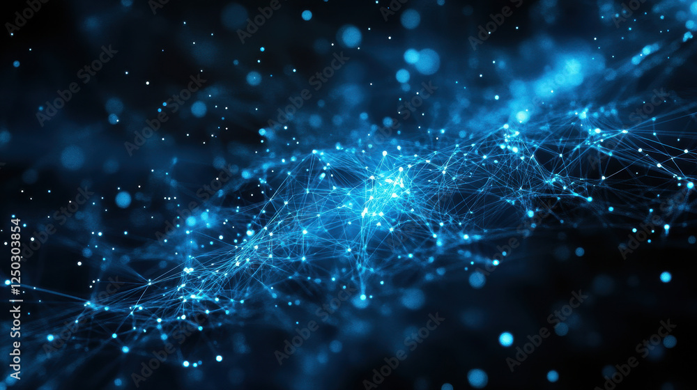 Poster abstract blue background with glowing connections and data points forming intricate patterns on a da