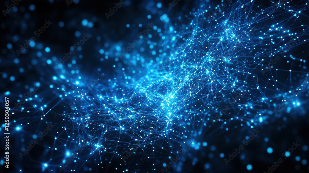 Poster abstract blue background with glowing connections and data points forming intricate patterns on a da