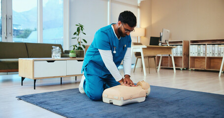 Nurse, cpr or man training with mannequin for first aid practice, cardiac arrest or safety protocol. Healthcare class, medical simulation or heart attack rescue in paramedic course or nursing school