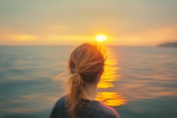 Fototapeta premium Serene Sunset Silhouette Over Tranquil Ocean Horizon