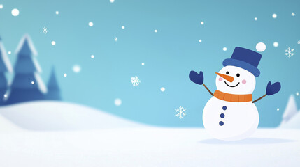 cheerful snowman with blue hat and orange scarf stands in snowy landscape, surrounded by falling snowflakes and pine trees