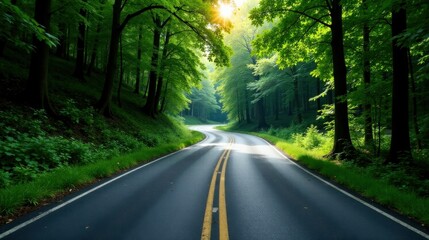 Obraz premium Scenic winding road through a lush green forest canopy bathed in sunlight