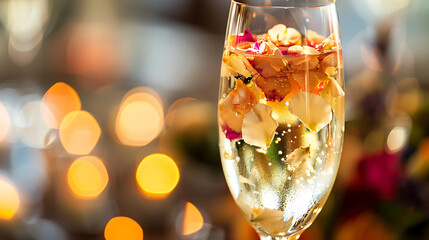 A champagne flute filled with floating flower petals