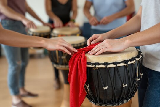 Close-up of hands tying a red cloth on a drum during a drumming class, with participants in the background. Cultural music workshop concept. Ai generative
