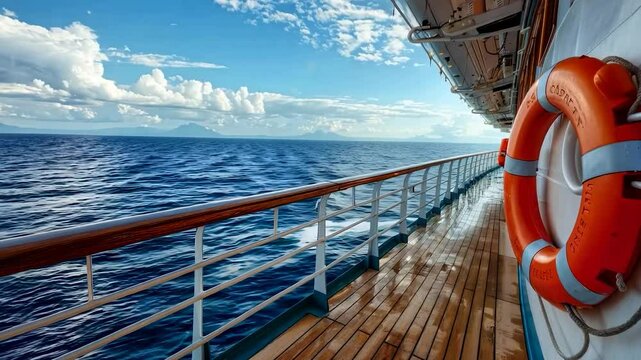 Scenic view from a cruise ship deck overlooking the vast blue sea, featuring a lifebuoy attached to the railing for safety.
