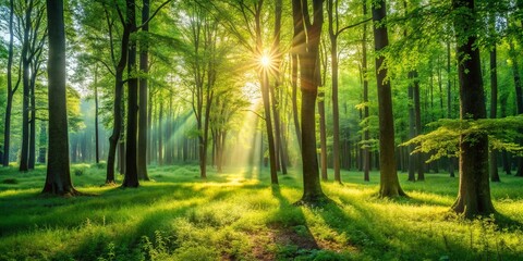 Obraz premium Tranquil Forest Escape: Sun-Dappled Green Canopy, Soft Grass, Tall Trees, Nature Scene