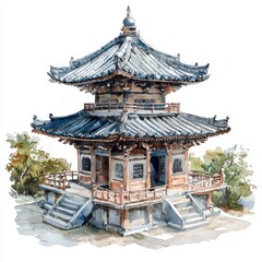 Obraz premium Gray and Brown Wooden Two Tiered Pagoda Watercolor Painting
