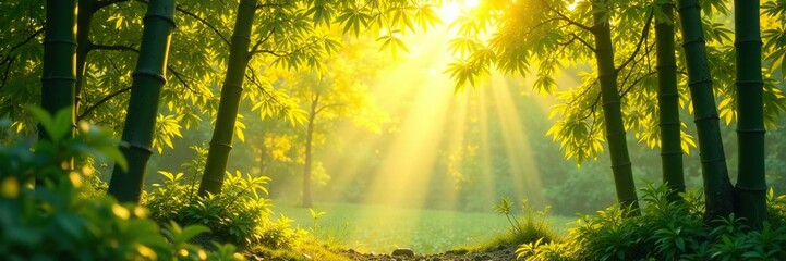 Dappled light filters through yellow bamboo leaves, forest, branches