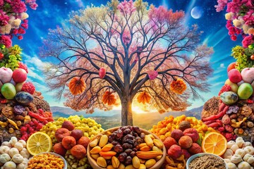 Fototapeta premium Tu Bishvat: Surreal Double Exposure of Dried Fruits & Nuts, Celebrating Nature's Abundance
