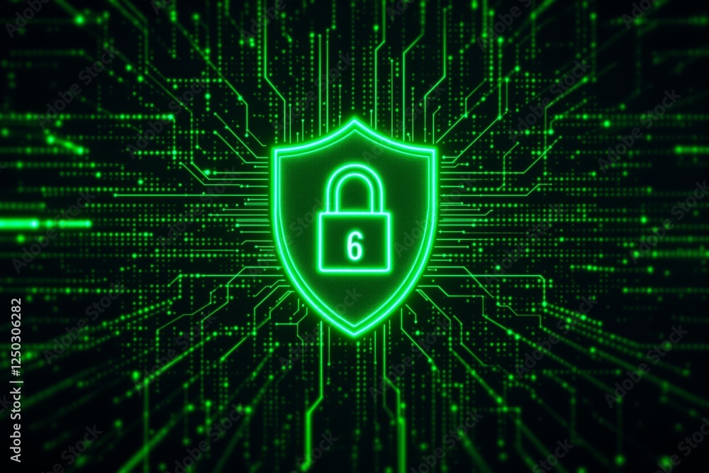 Poster glowing green shield with lock and number six, surrounded by circuit lines on a dark background. con