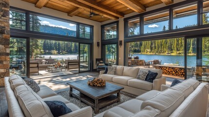 Interior view of a lakeside house with large windows and a lake view