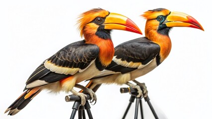 Obraz premium Two Great Hornbills on Tripod, White Background - Wildlife Photography Stock Image