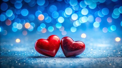 Obraz premium Two Red Hearts on Blue Blurred Background - Romantic Love Concept Stock Photo
