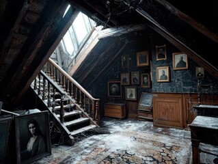 Exploring the eerie attic of forgotten antiques haunted house nostalgic portraits dusty environment first-person perspective evoking fear and nostalgia