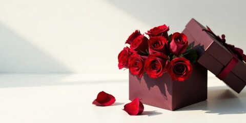 A maroon gift box overflowing with a bouquet of deep red roses, elegantly presented with scattered petals on a pristine white surface bathed in soft sunlight