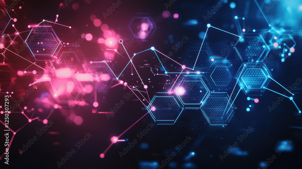 Poster abstract futuristic background with hexagons and glowing connections, a digital technology concept f