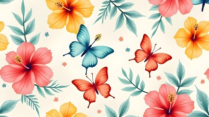 Breezy Blooms Pattern Fluttering Butterflies and Vibrant Flowers