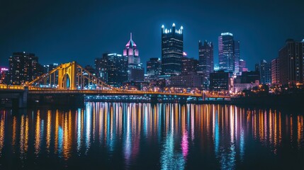 Obraz premium Nighttime cityscape reflecting on water, showcasing illuminated buildings and bridges.