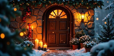 A warm candlelit doorway with greenery and pinecones, cozy, winter