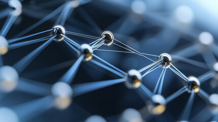close up view of interconnected metallic spheres and lines, representing network structure. This conveys sense of technology and connectivity