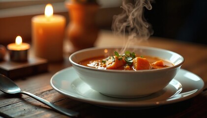 A steaming bowl of soup next to a candlelit dinner plate, soft focus,