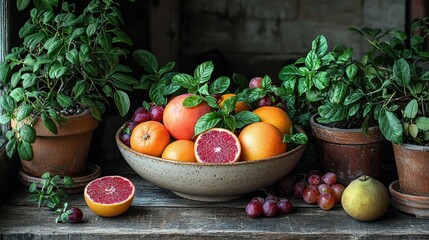 A rustic bowl filled with vibrant fruits and fresh mint, surrounded by potted plants.