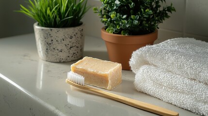 A toothbrush and natural soap beside soft towels and potted plants on a countertop.