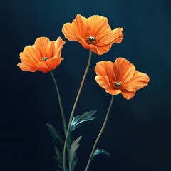 Three orange poppies on dark background.