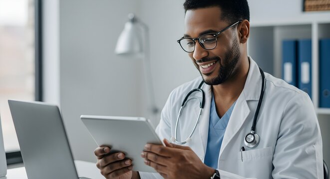 A smiling African American doctor in a white coat is using a digital tablet in a modern medical office setting.