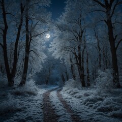 "A picturesque winter night with a full moon illuminating a frost-covered woodland path."