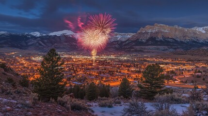 Spectacular Fireworks Display over Snowy Mountain Town