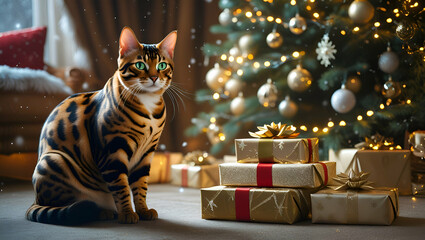 Elegant Bengal Cat with Holiday Gifts and a Sparkling Christmas Tree Backdrop. A Festive Celebration Scene. Generative AI