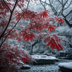 "A snow-covered Japanese maple tree, its delicate red leaves still visible beneath the icy frost."