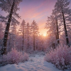 "A peaceful winter sunrise over a snowy forest, the sky painted in soft hues of pink, orange, and lavender."